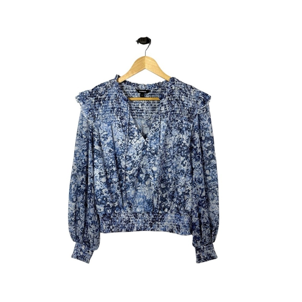 Express Women’s Chiffon Floral Ruffle Smocked Blouse Blue/White Size S